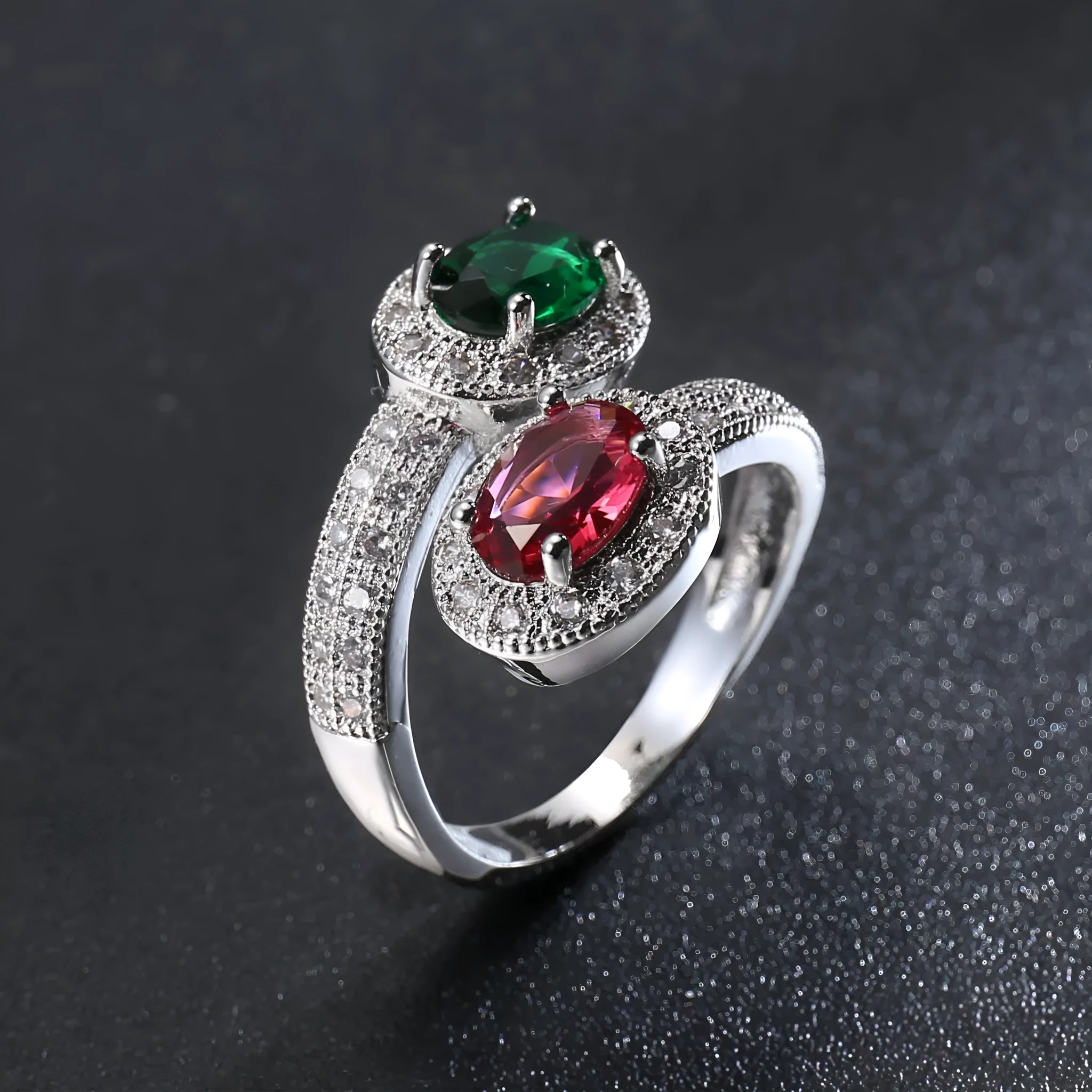 Copper electroplated zircon ring for women in Rose Emerald colour on plain background