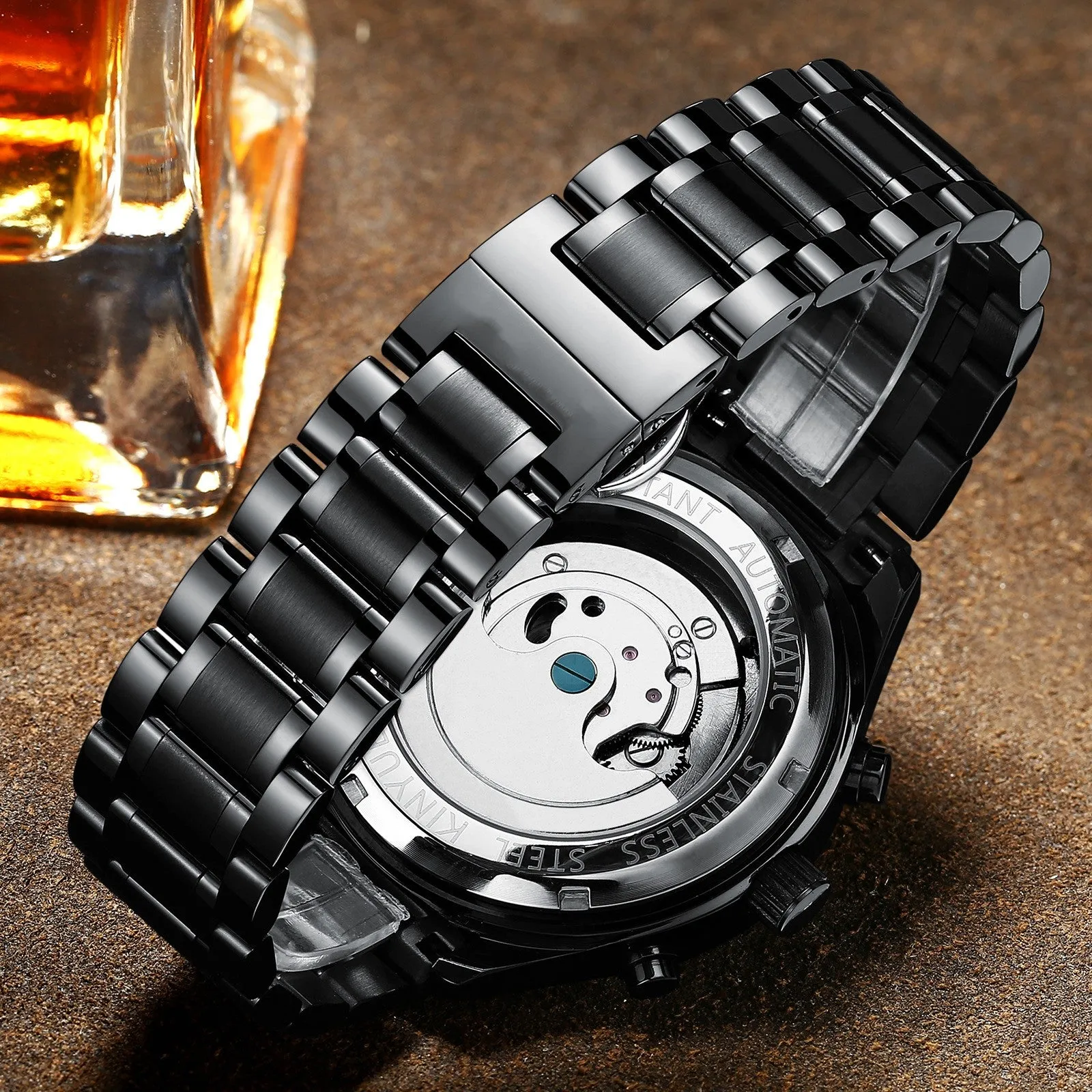 Men's 43mm automatic mechanical watch with calendar display, alloy case, stainless steel buckle in black and gold