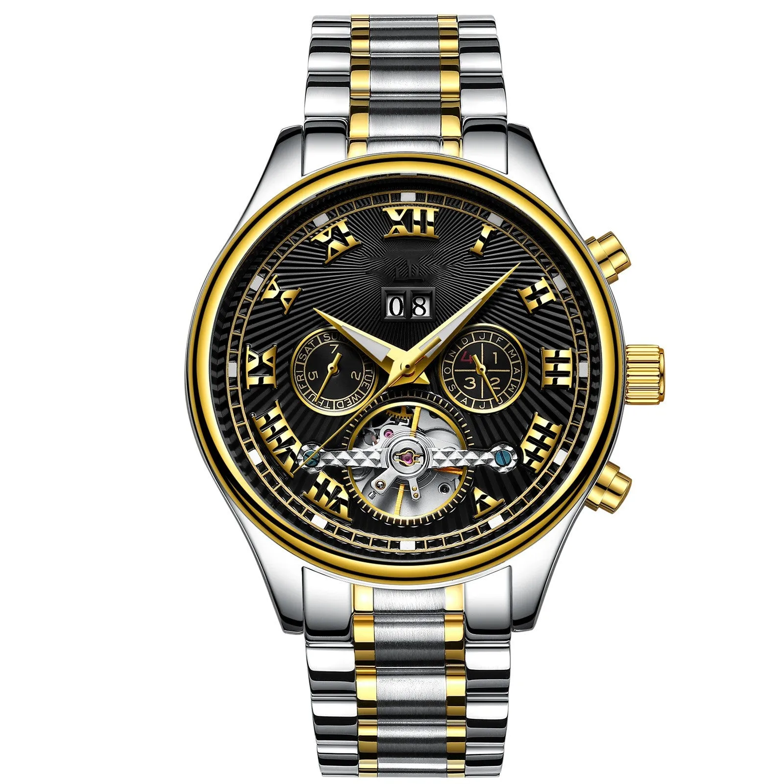 Men's 43mm automatic mechanical watch with calendar display, alloy case, stainless steel buckle in black and gold