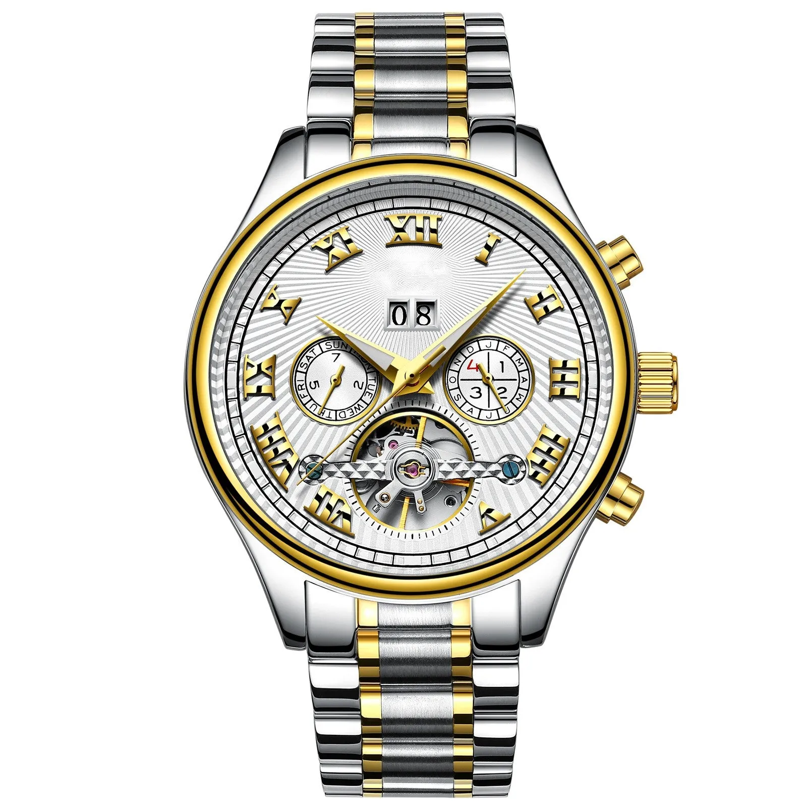 Men's 43mm automatic mechanical watch with calendar display, alloy case, stainless steel buckle in black and gold