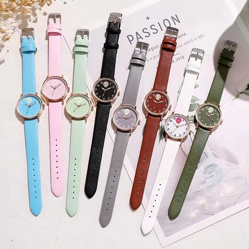 Little Daisy 36mm mori style women's watch with round alloy case and imitation leather strap on a white background