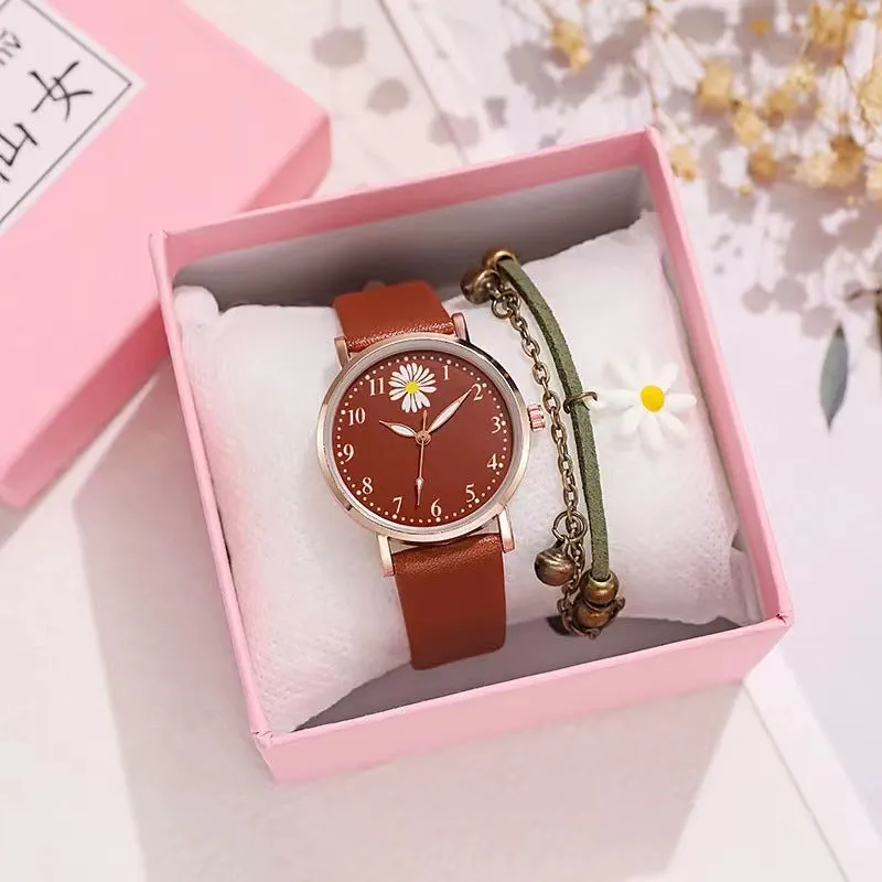 Little Daisy 36mm mori style women's watch with round alloy case and imitation leather strap on a white background