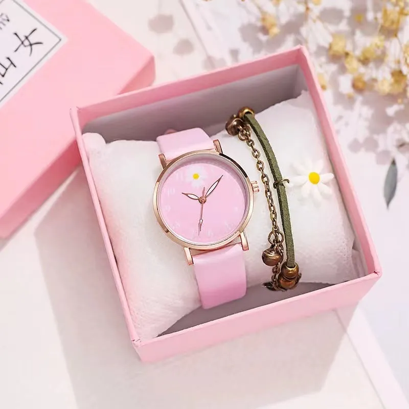 Little Daisy 36mm mori style women's watch with round alloy case and imitation leather strap on a white background