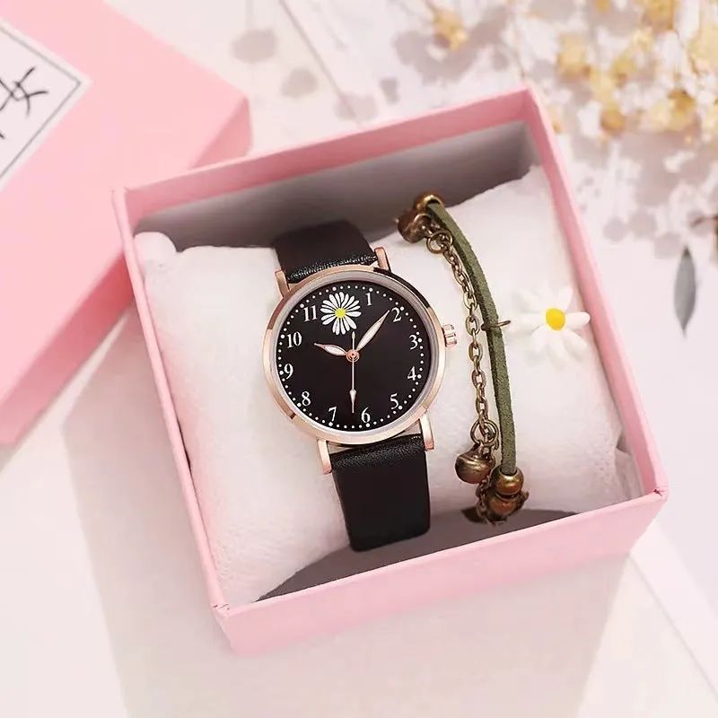 Little Daisy 36mm mori style women's watch with round alloy case and imitation leather strap on a white background