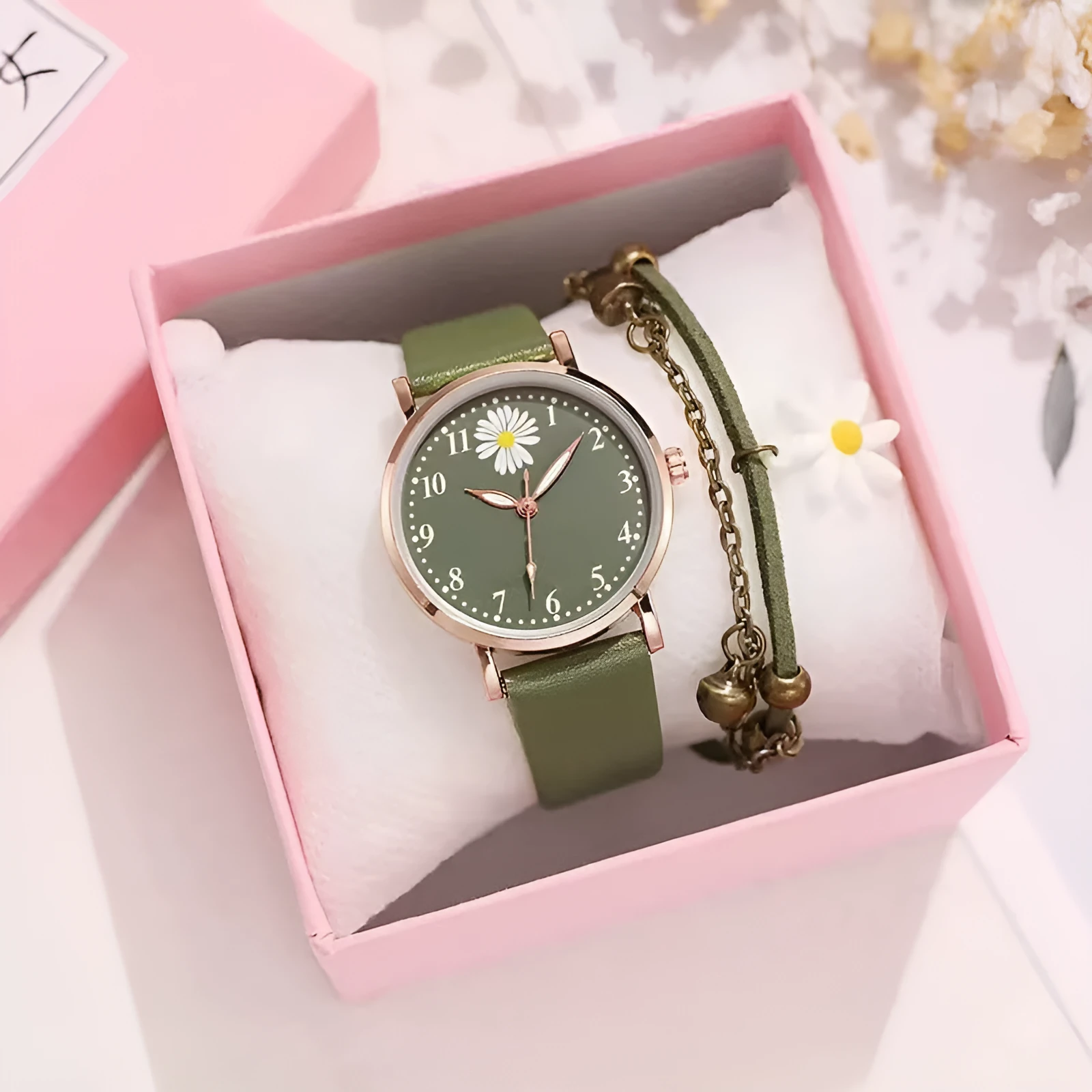 Little Daisy 36mm mori style women's watch with round alloy case and imitation leather strap on a white background