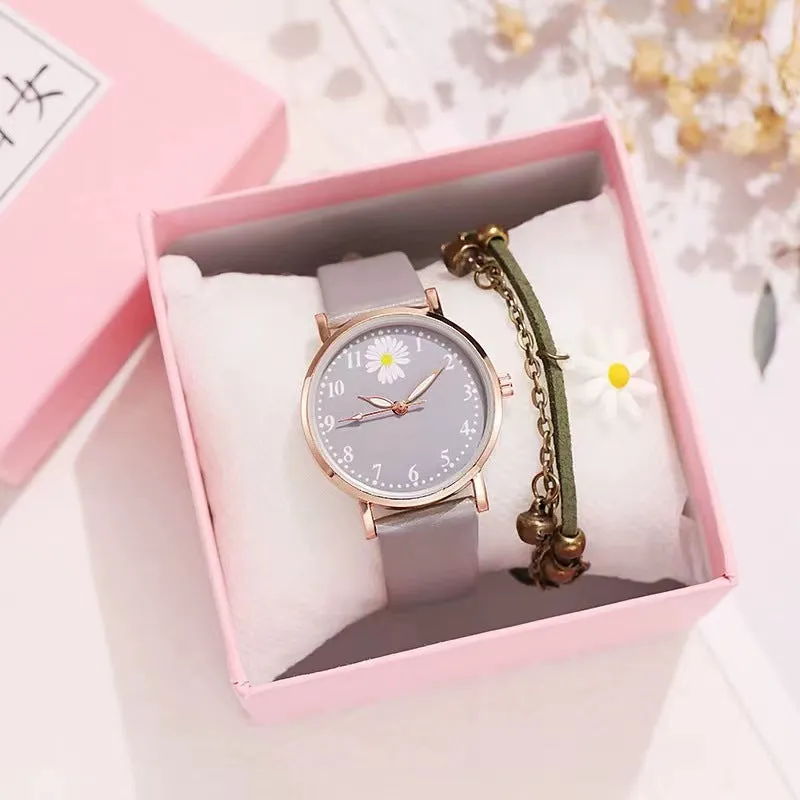 Little Daisy 36mm mori style women's watch with round alloy case and imitation leather strap on a white background