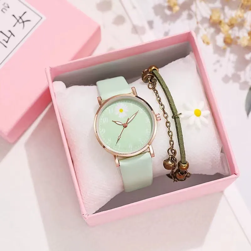 Little Daisy 36mm mori style women's watch with round alloy case and imitation leather strap on a white background