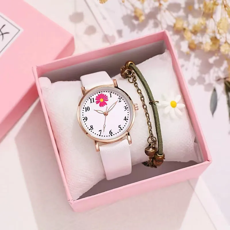 Little Daisy 36mm mori style women's watch with round alloy case and imitation leather strap on a white background