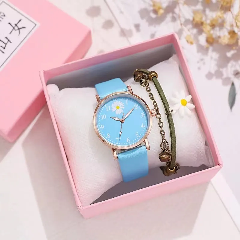Little Daisy 36mm mori style women's watch with round alloy case and imitation leather strap on a white background