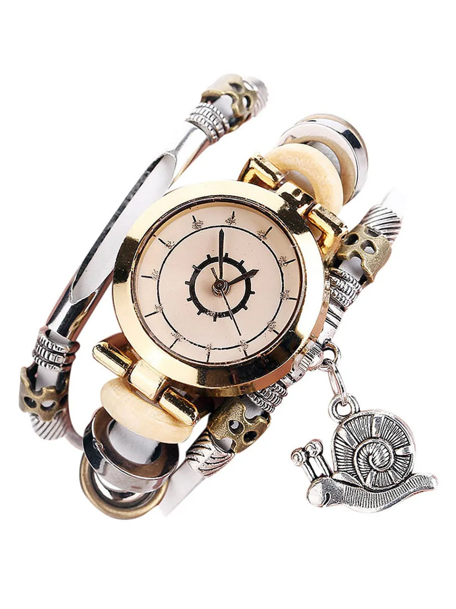 Women's vintage bracelet watch with coiling leather strap and snail pendant in Mori style
