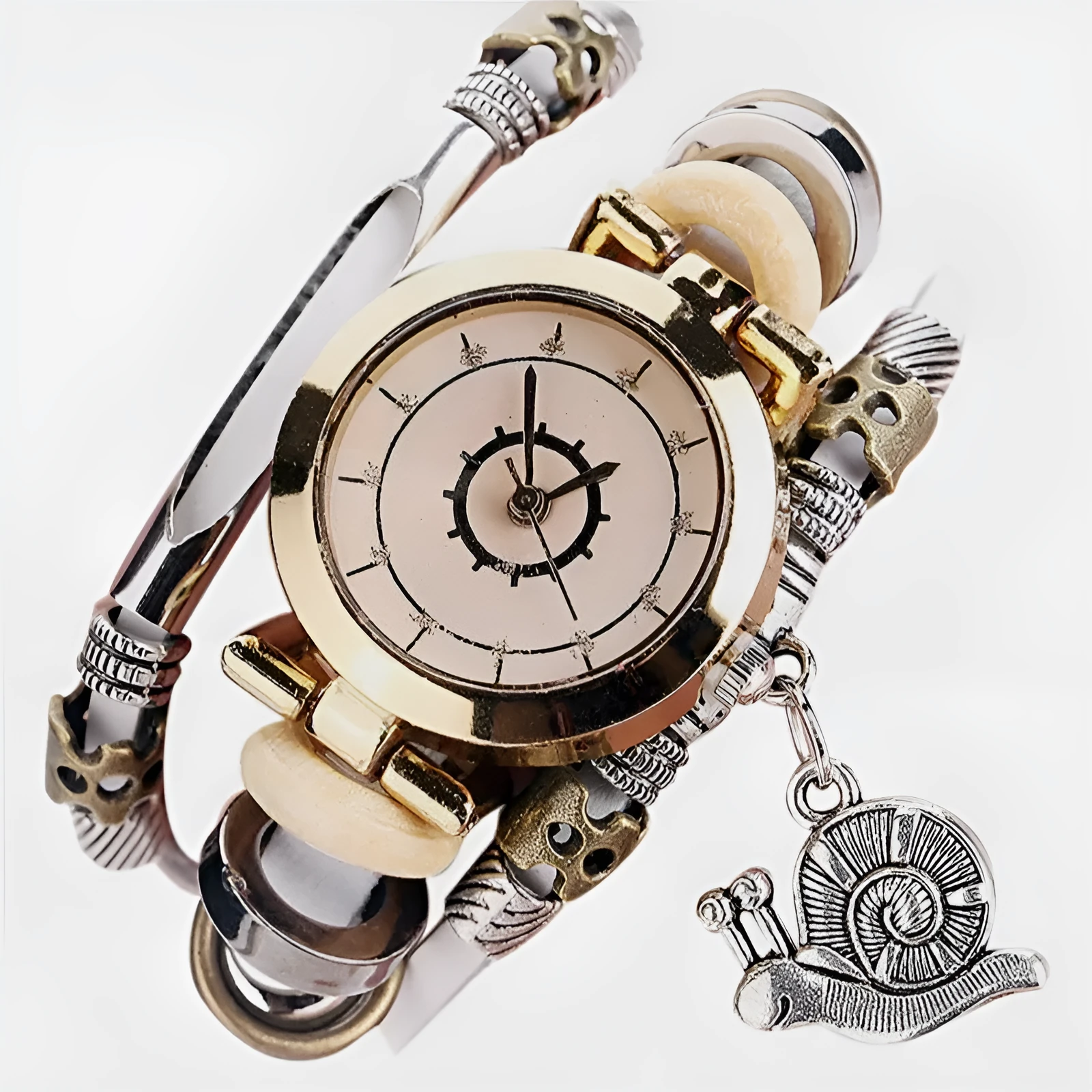 Women's vintage bracelet watch with coiling leather strap and snail pendant in Mori style