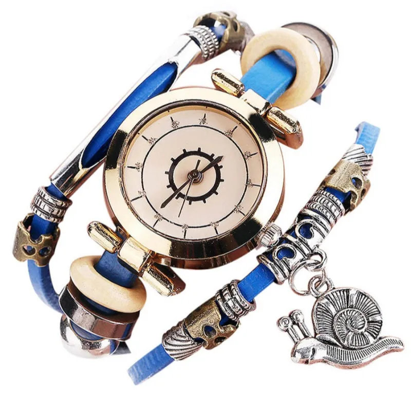 Women's vintage bracelet watch with coiling leather strap and snail pendant in Mori style