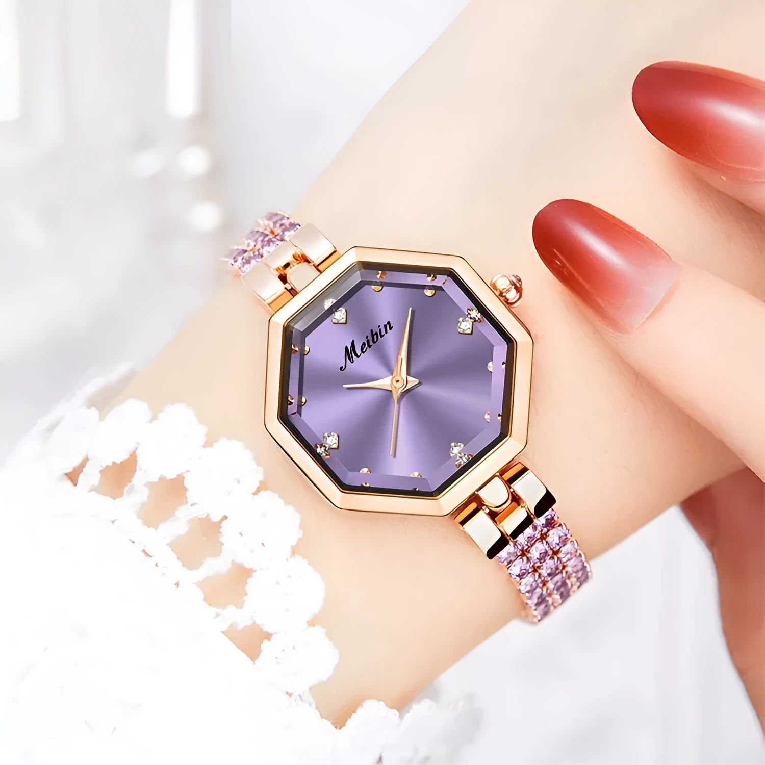 Octagonal women's watch with rose stone detailing, alloy jewellery buckle, 27mm dial, quartz movement