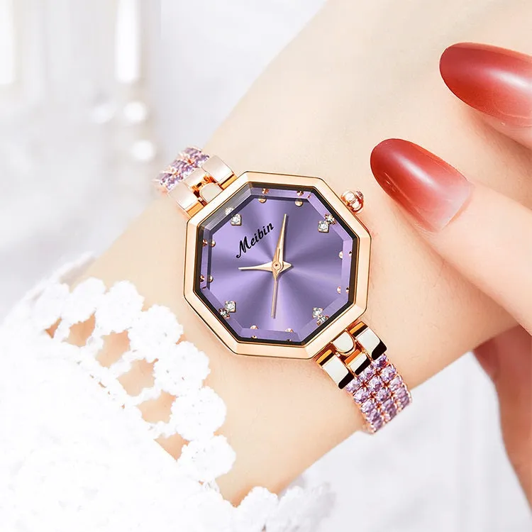 Octagonal women's watch with rose stone detailing, alloy jewellery buckle, 27mm dial, quartz movement
