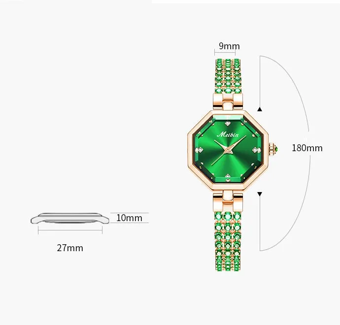 Octagonal women's watch with rose stone detailing, alloy jewellery buckle, 27mm dial, quartz movement