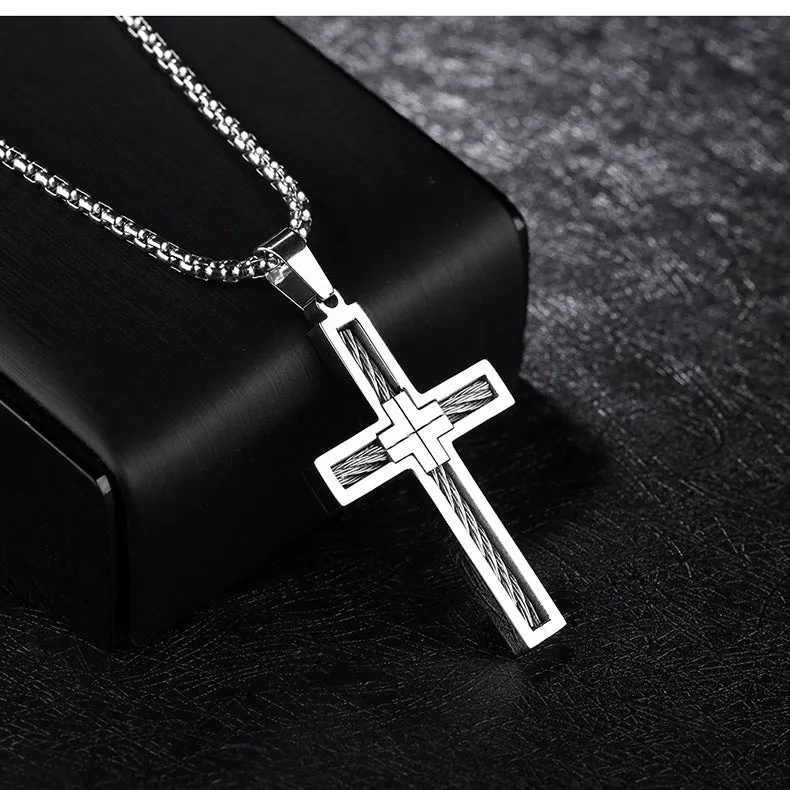 Titanium steel cross pendant necklace with geometric design, 550mm chain, gold finish option