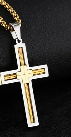 Titanium steel cross pendant necklace with geometric design, 550mm chain, gold finish option