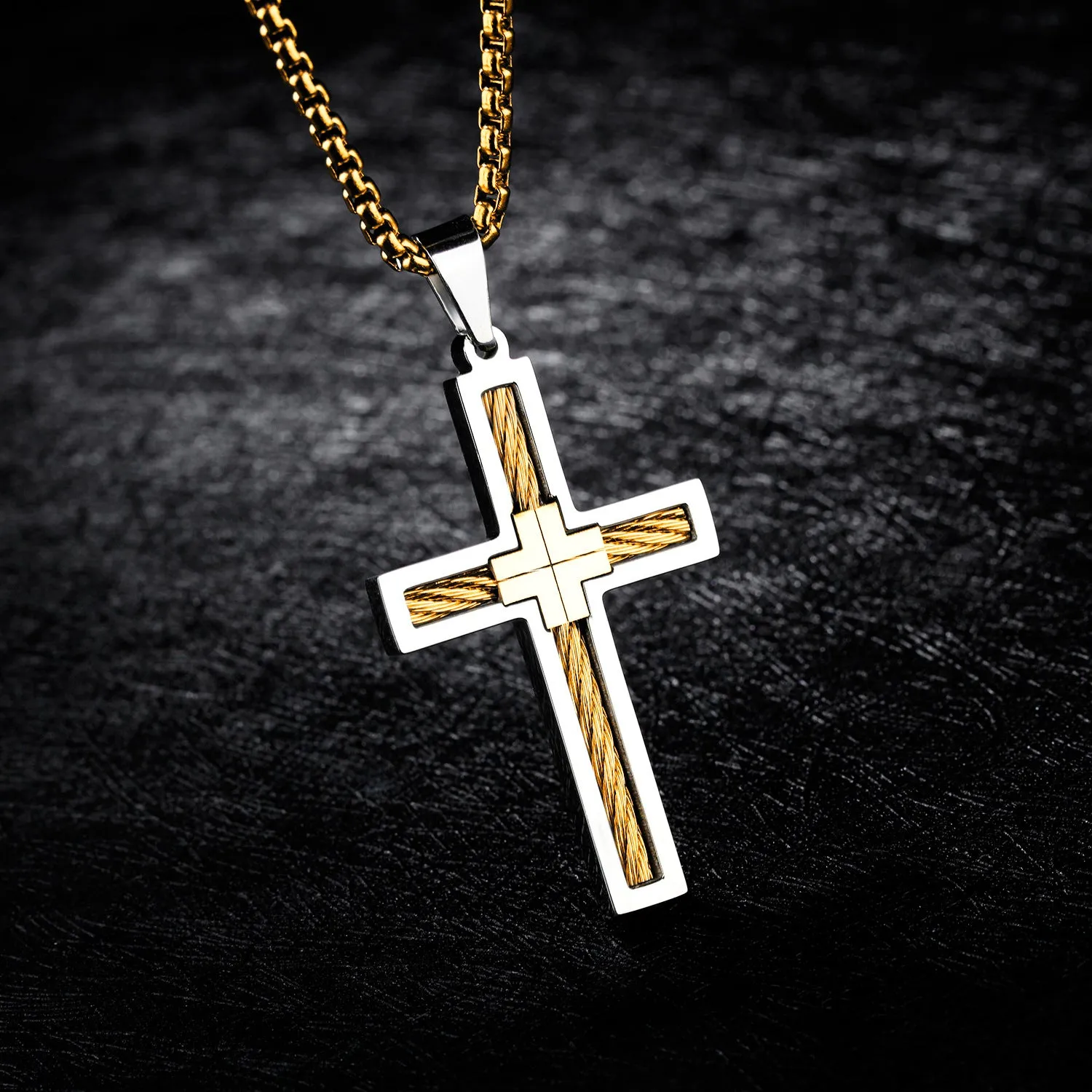 Titanium steel cross pendant necklace with geometric design, 550mm chain, gold finish option