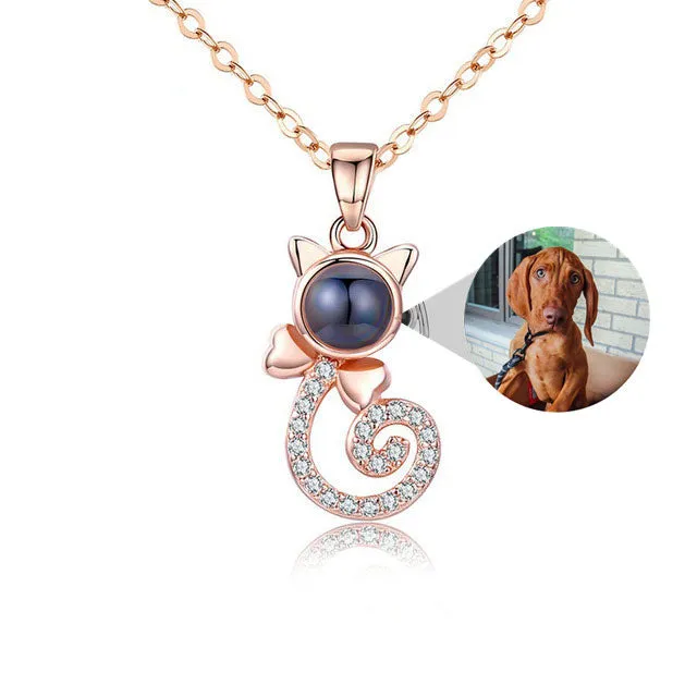 S925 silver cat-shaped pendant necklace with custom photo projection on Rose Gold chain