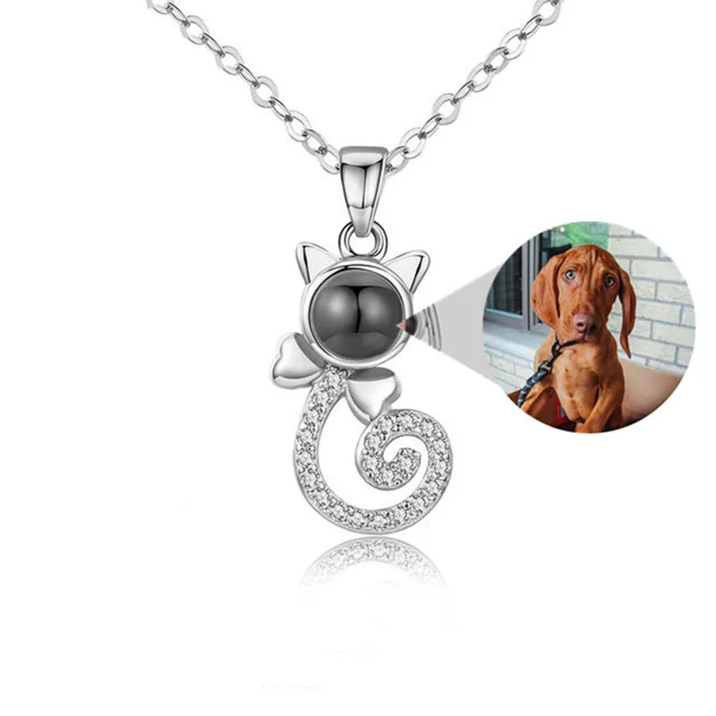 S925 silver cat-shaped pendant necklace with custom photo projection on Rose Gold chain
