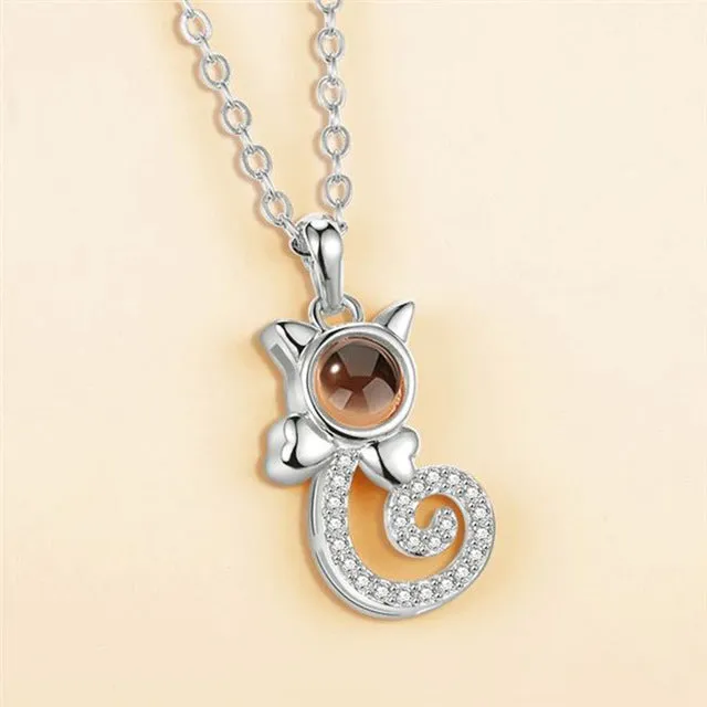 S925 silver cat-shaped pendant necklace with custom photo projection on Rose Gold chain