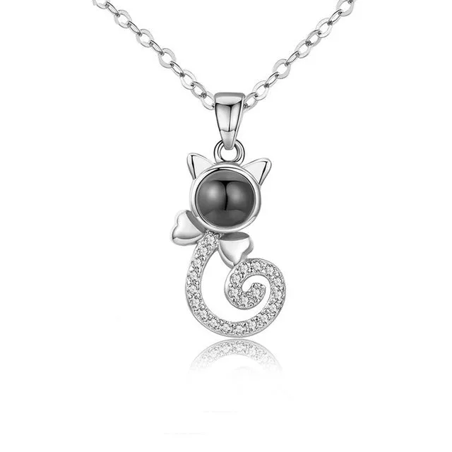 S925 silver cat-shaped pendant necklace with custom photo projection on Rose Gold chain