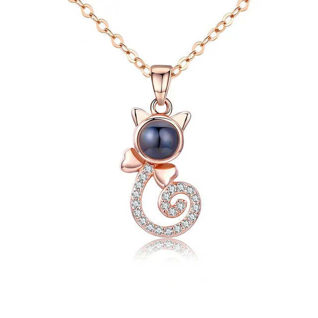S925 silver cat-shaped pendant necklace with custom photo projection on Rose Gold chain