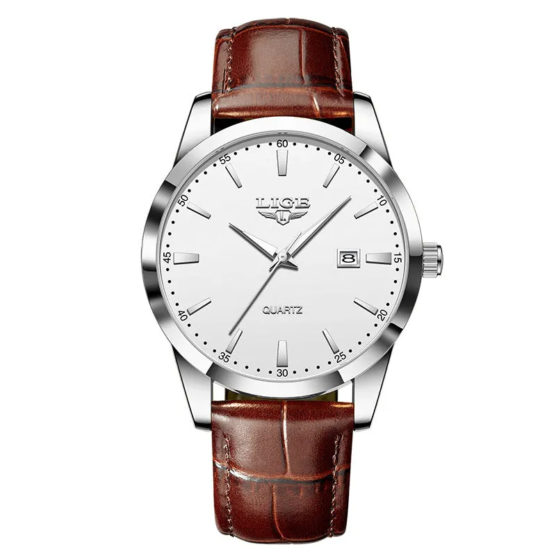 Men's quartz watch with leather strap, single calendar, three hands, 11mm thickness, waterproof
