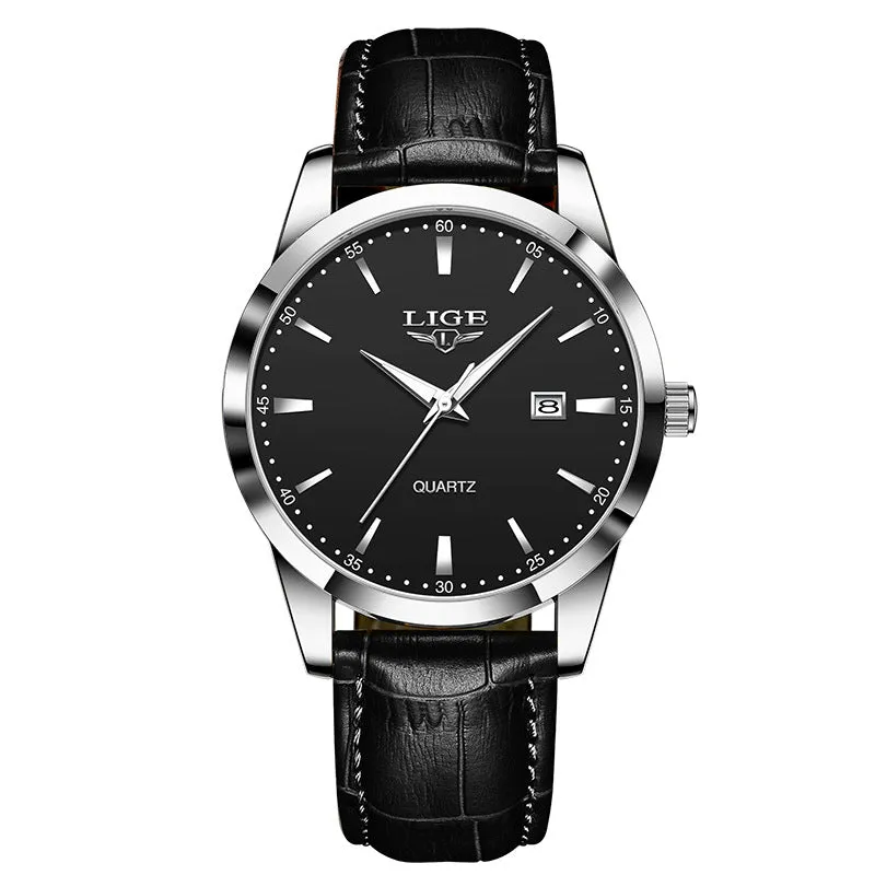 Men's quartz watch with leather strap, single calendar, three hands, 11mm thickness, waterproof