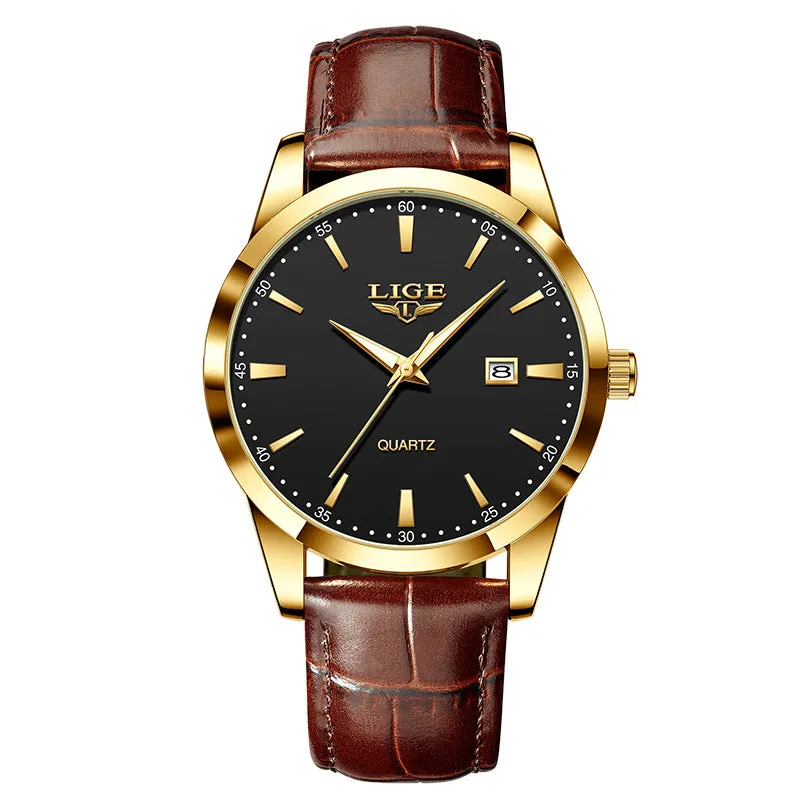 Men's quartz watch with leather strap, single calendar, three hands, 11mm thickness, waterproof
