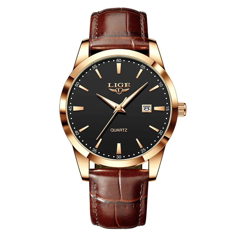 Men's quartz watch with leather strap, single calendar, three hands, 11mm thickness, waterproof