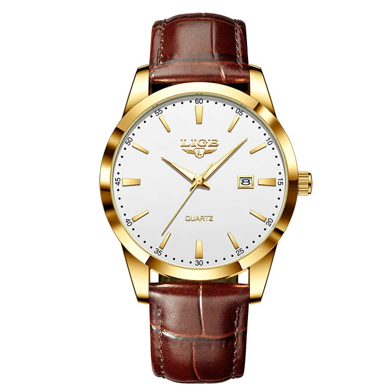 Men's quartz watch with leather strap, single calendar, three hands, 11mm thickness, waterproof