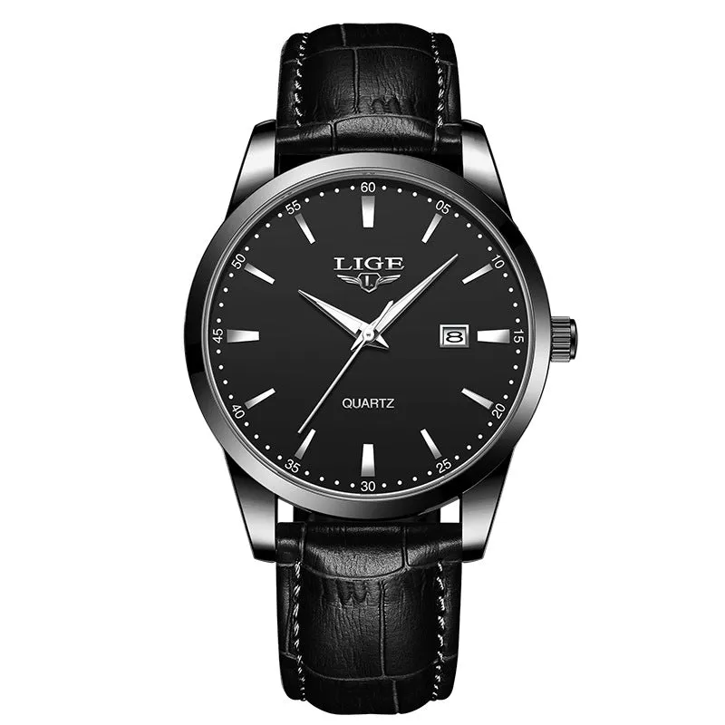 Men's quartz watch with leather strap, single calendar, three hands, 11mm thickness, waterproof