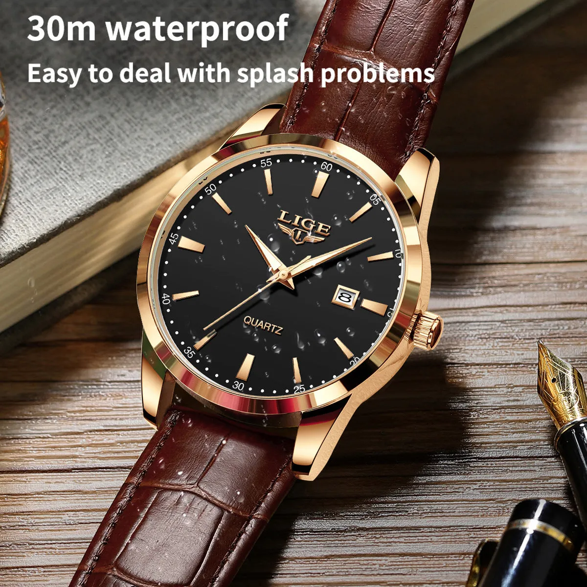 Men's quartz watch with leather strap, single calendar, three hands, 11mm thickness, waterproof