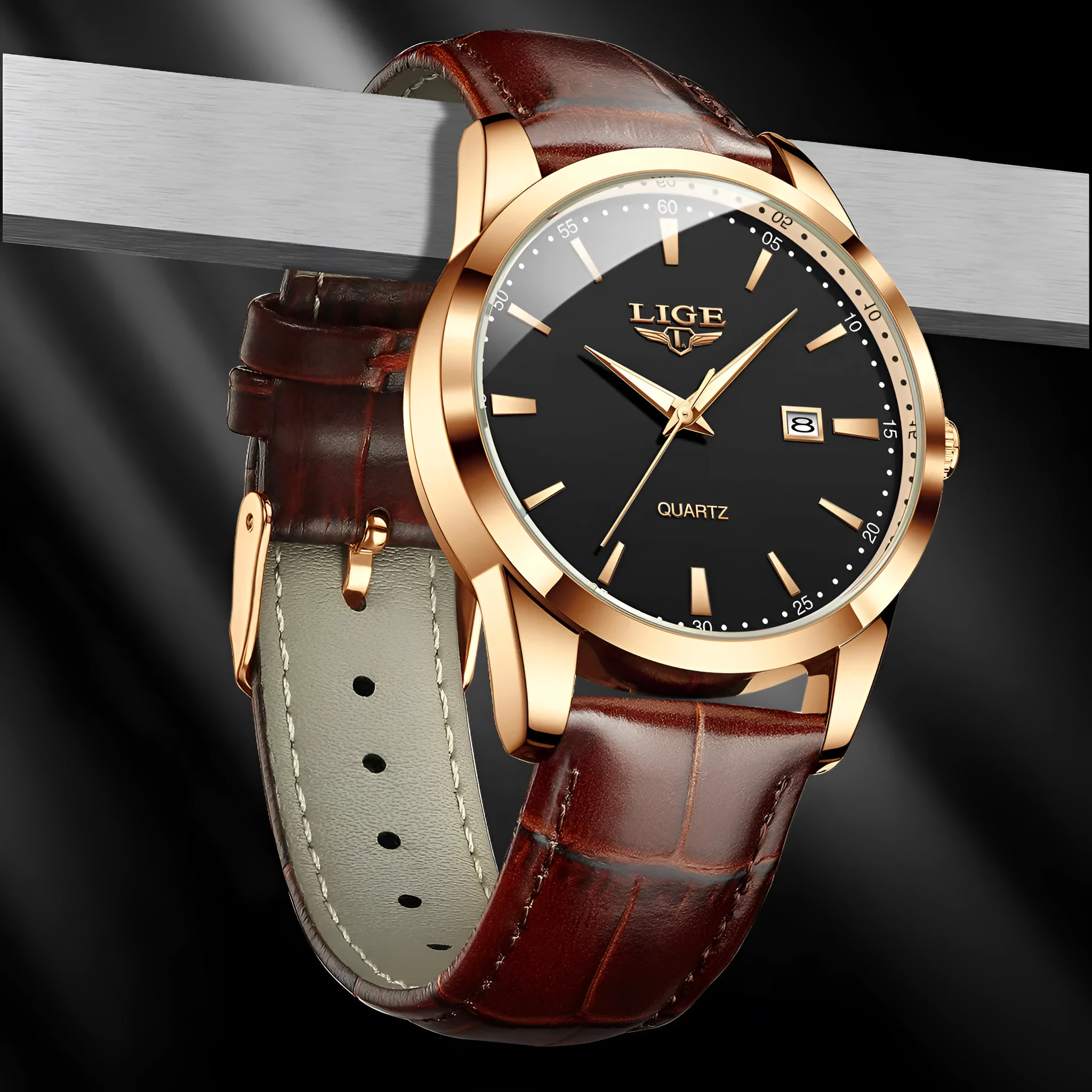 Men's quartz watch with leather strap, single calendar, three hands, 11mm thickness, waterproof