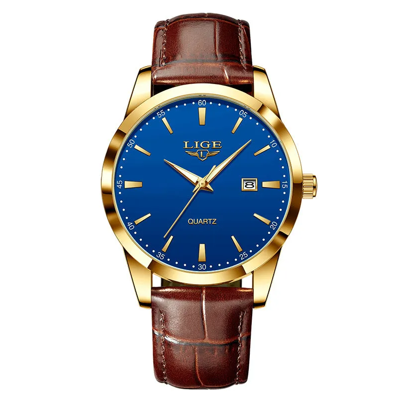 Men's quartz watch with leather strap, single calendar, three hands, 11mm thickness, waterproof