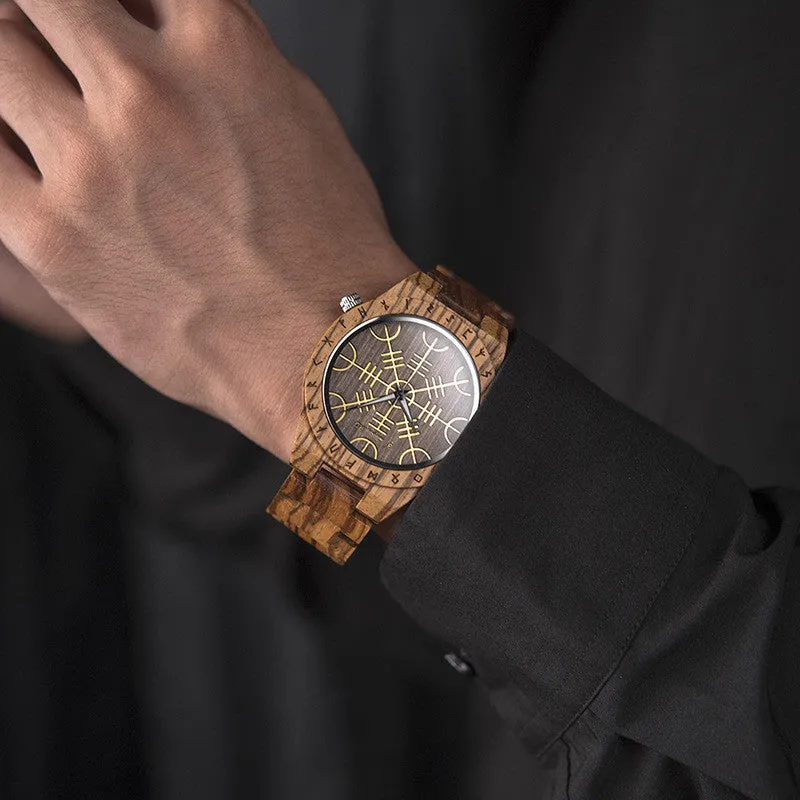 Leisure ebony all wood watch with quartz movement and mineral glass mirror on a neutral background