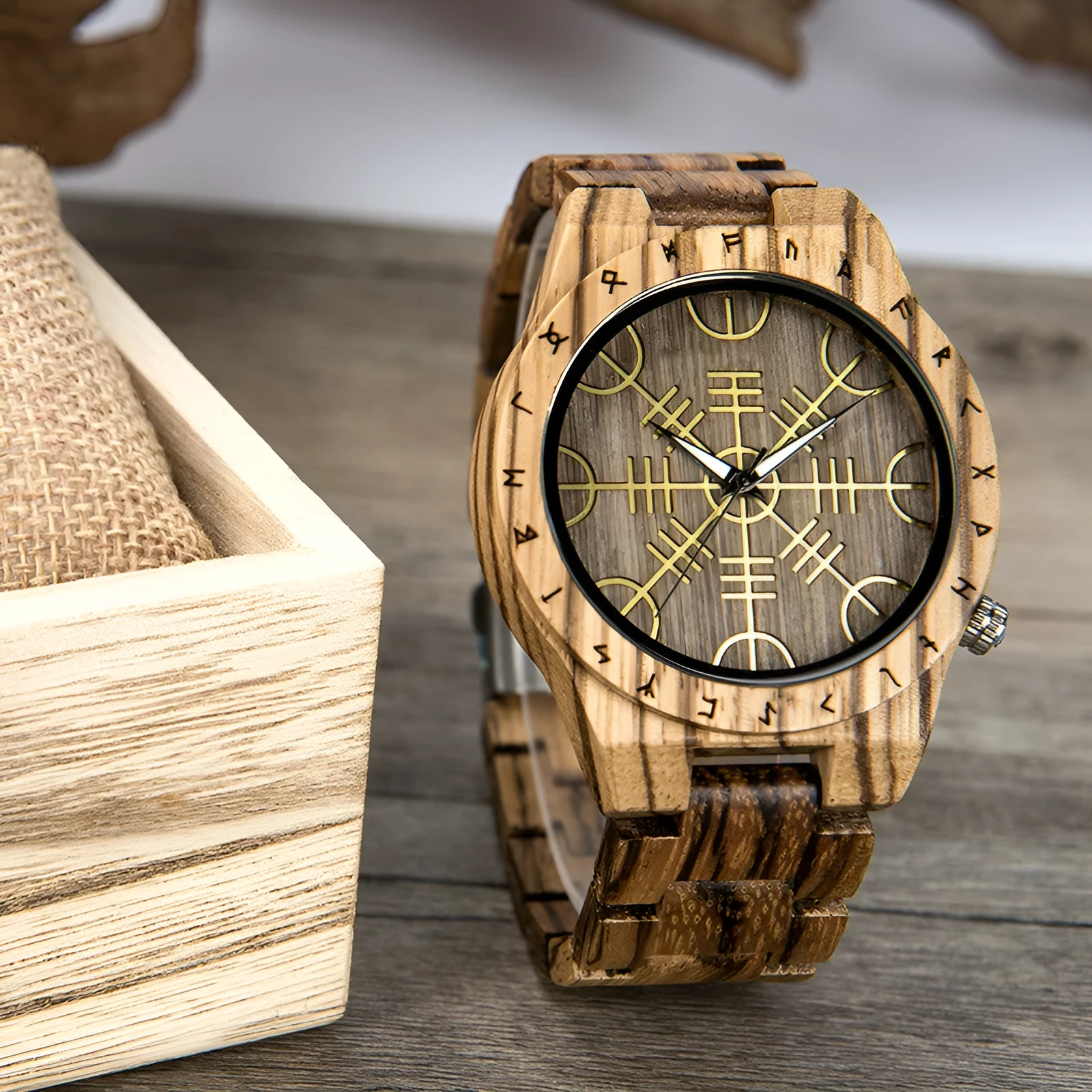 Leisure ebony all wood watch with quartz movement and mineral glass mirror on a neutral background