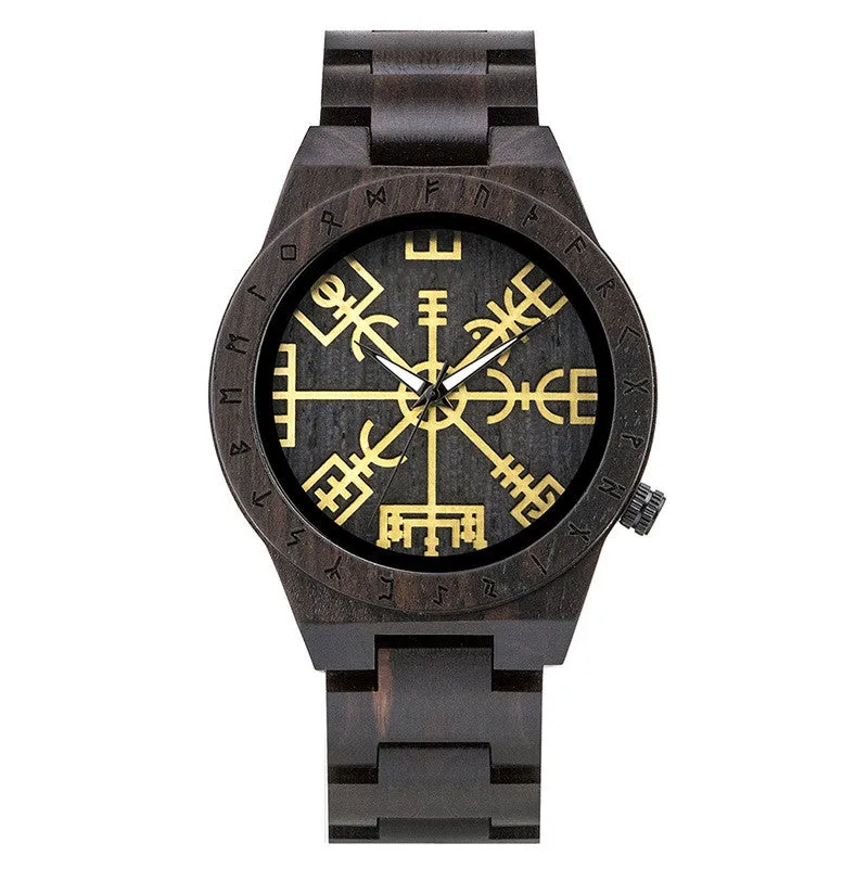 Leisure ebony all wood watch with quartz movement and mineral glass mirror on a neutral background