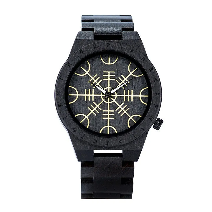 Leisure ebony all wood watch with quartz movement and mineral glass mirror on a neutral background