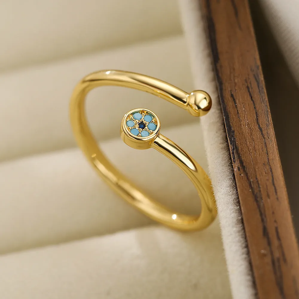Clear CZ zircon cross evil eye ring with adjustable opening on copper band geometric shape