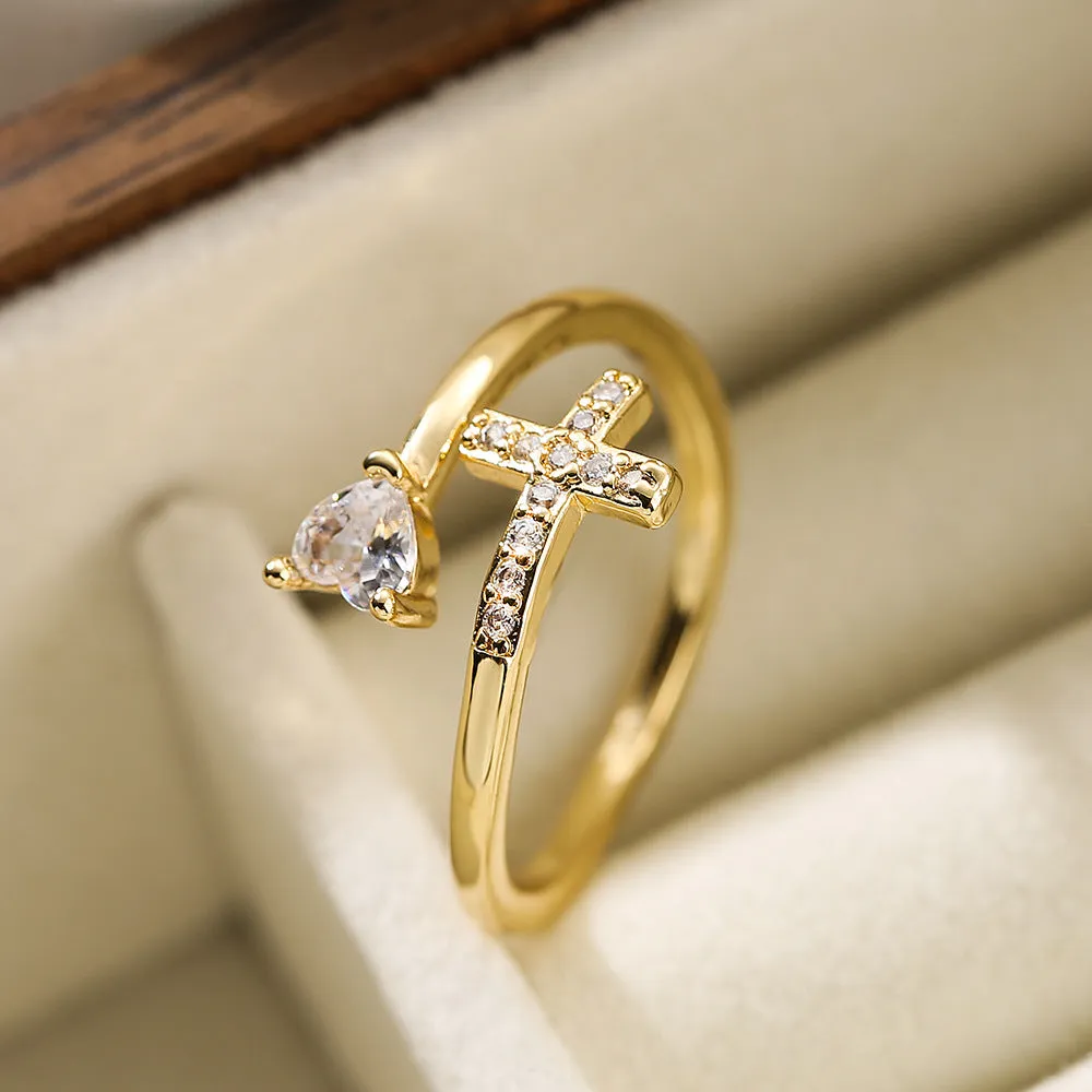Clear CZ zircon cross evil eye ring with adjustable opening on copper band geometric shape