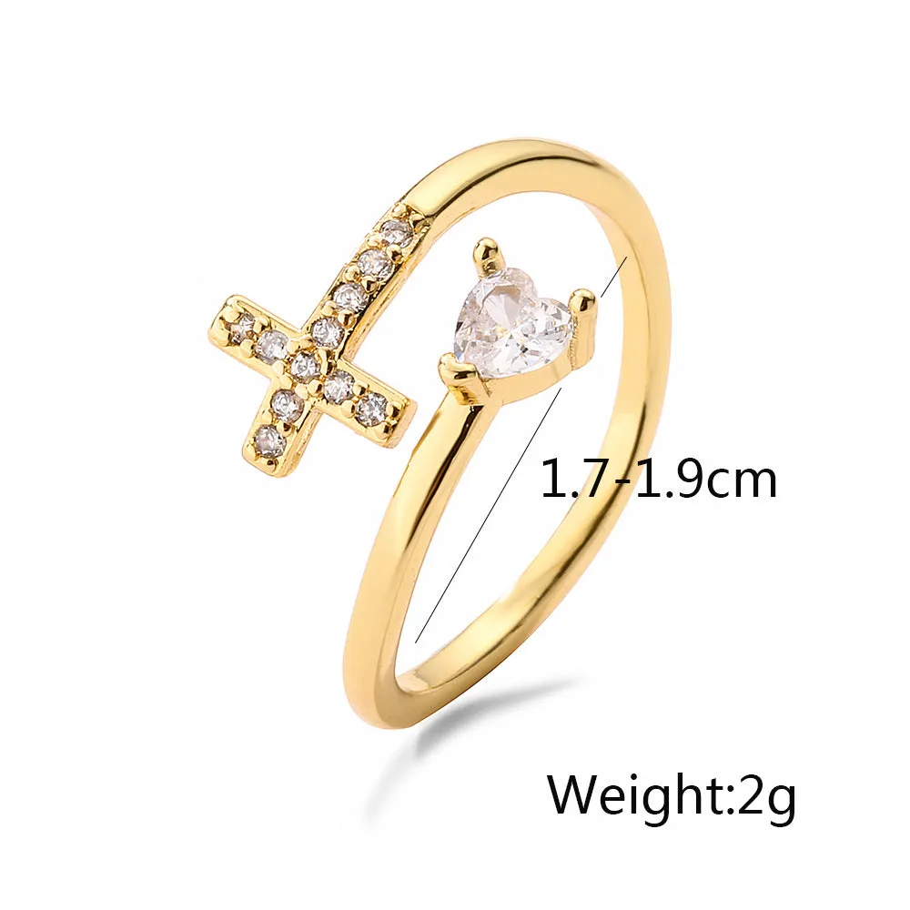 Clear CZ zircon cross evil eye ring with adjustable opening on copper band geometric shape