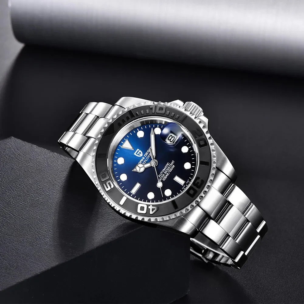 Men's automatic mechanical watch with 40mm stainless steel dial, luminous hands, and steel bracelet