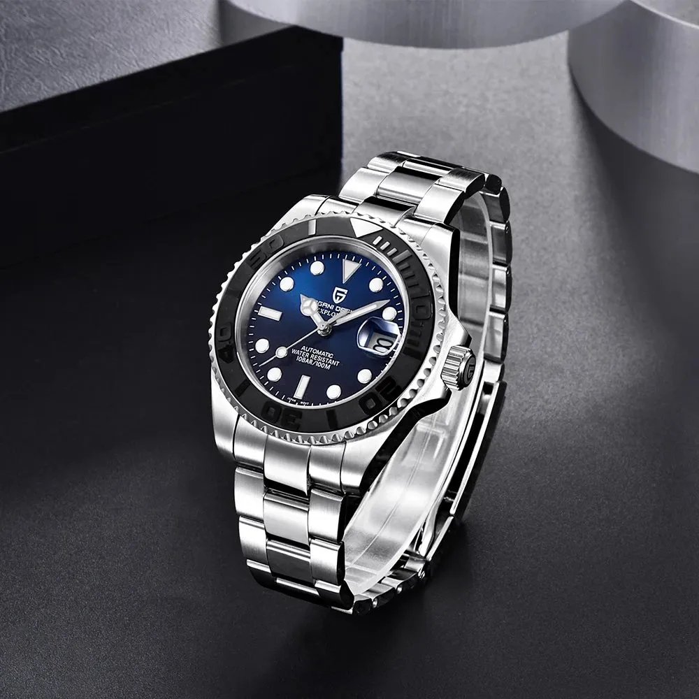 Men's automatic mechanical watch with 40mm stainless steel dial, luminous hands, and steel bracelet