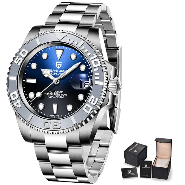 Men's automatic mechanical watch with 40mm stainless steel dial, luminous hands, and steel bracelet