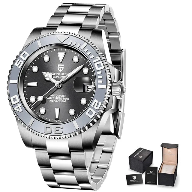 Men's automatic mechanical watch with 40mm stainless steel dial, luminous hands, and steel bracelet