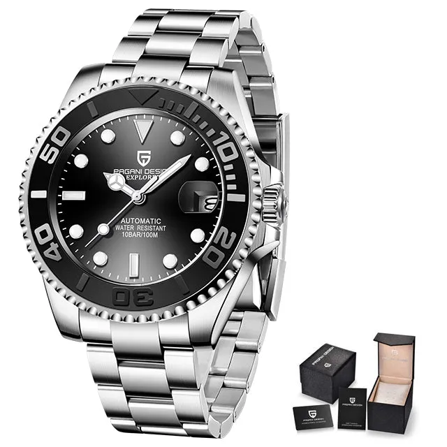 Men's automatic mechanical watch with 40mm stainless steel dial, luminous hands, and steel bracelet