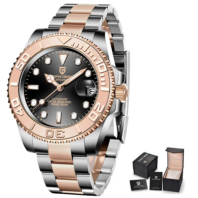 Men's automatic mechanical watch with 40mm stainless steel dial, luminous hands, and steel bracelet