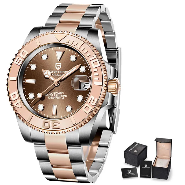 Men's automatic mechanical watch with 40mm stainless steel dial, luminous hands, and steel bracelet